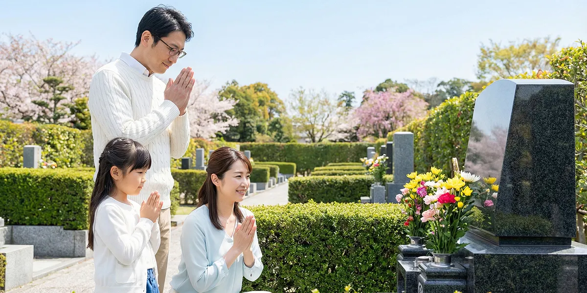 墓地で手を合わせる家族